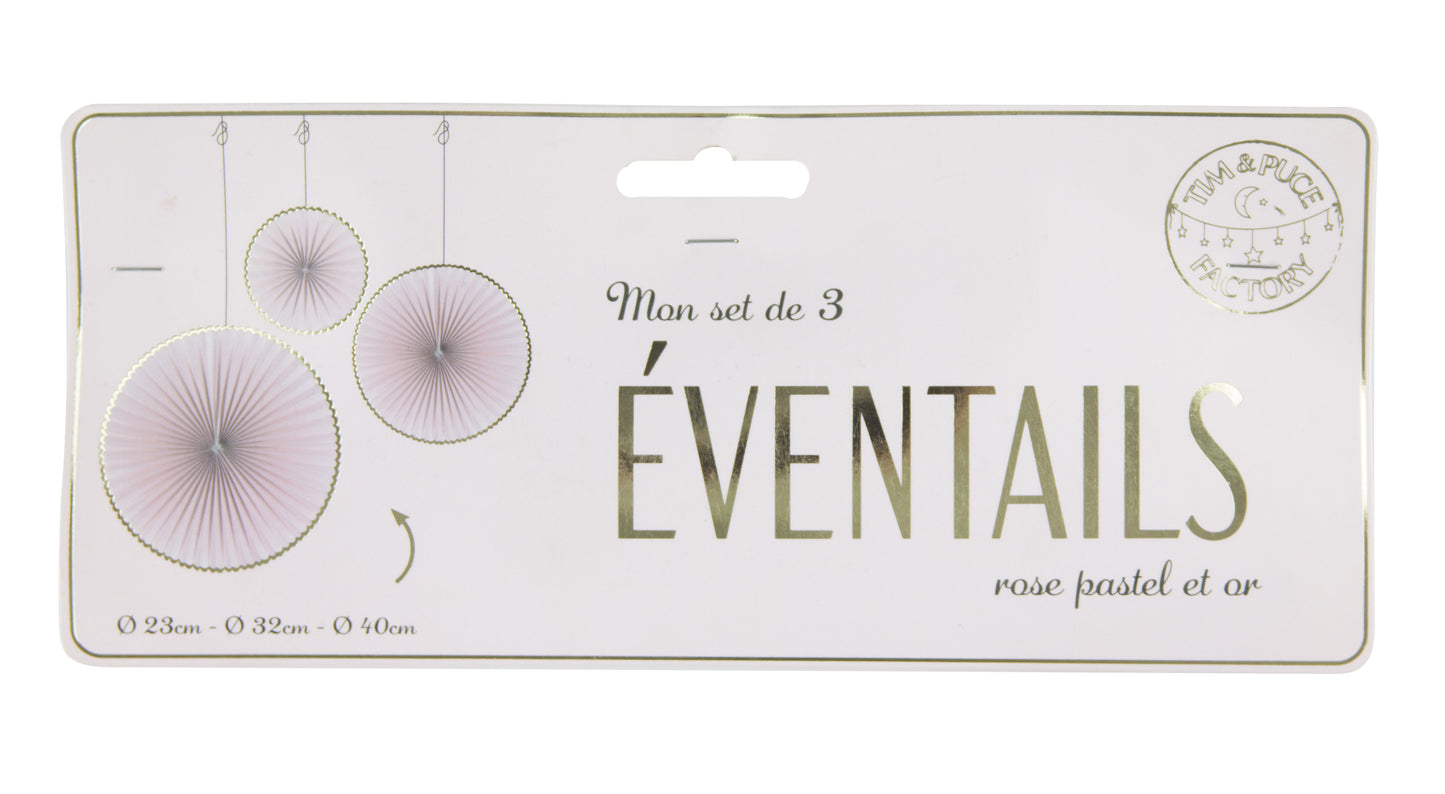 SET DE 3 EVENTAILS ROSE PASTEL ET OR